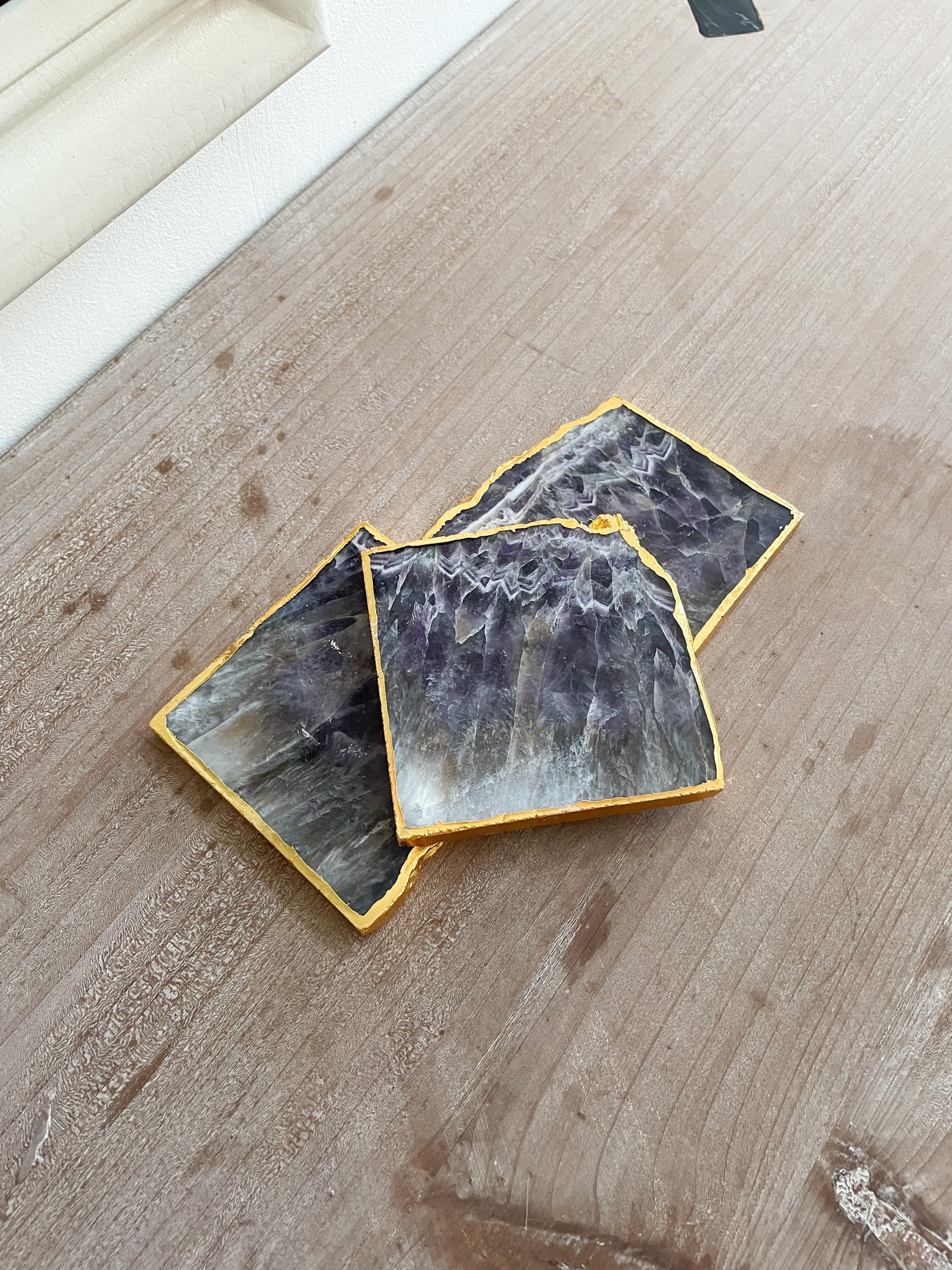 Purple Agate Stone Crystal Coasters, Coasters Au Royaume-Uni, Purple avec Gold Edge, Square Marble S