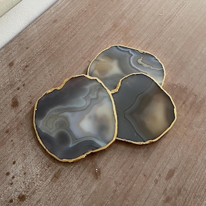 Grey Agate Stone Coasters with gold rim: Natural Crystal geode Coasters set