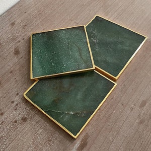 Green Agate Stone Crystal Coasters, Stone Coasters in the UK, Green Coasters with Gold Edge, Marble Style Coasters