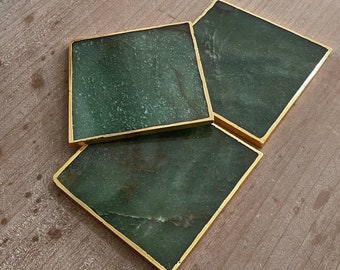 Green Agate Stone Crystal Coasters, Stone Coasters in the UK, Green Coasters with Gold Edge, Marble Style Coasters