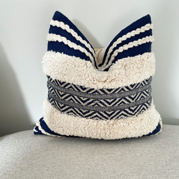 Navy Throw Cotton Cushion Cover, Navy and Beige Cushions, Navy Pillow Cover, Tufted Cushion, Beige Scandi Cushion, Handmade cushion