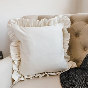 Cream farmhouse Cotton Cushion with duck feather insert 45x45cm, Cream frilly pillow, fringe cushion, Cream Tassel Cushions, cream cushions