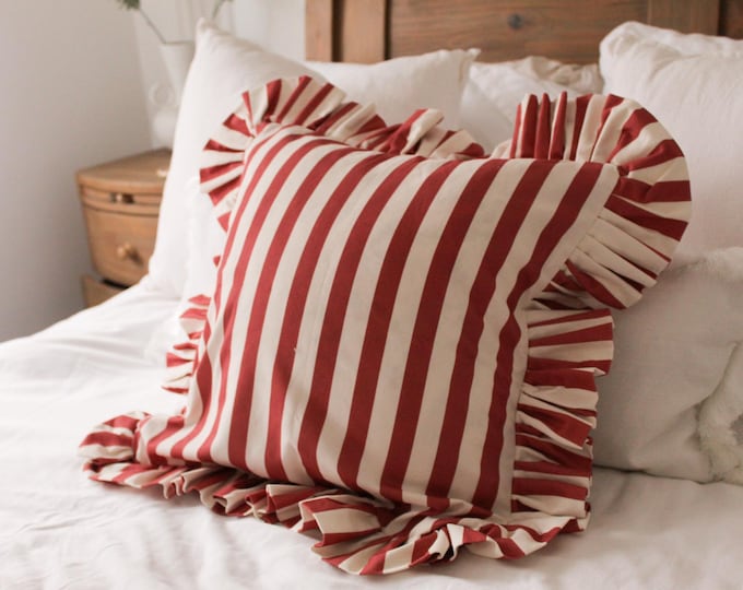 Red Stripe Ruffle Cotton Cushion With Duck Feather Insert 45x45cm, Red ...