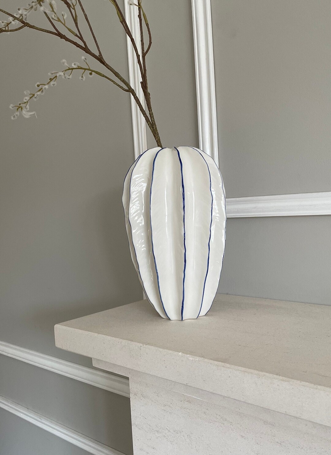 Blue and White Nordic Vase, Modern Blue Vase, White Vintage Style Vase