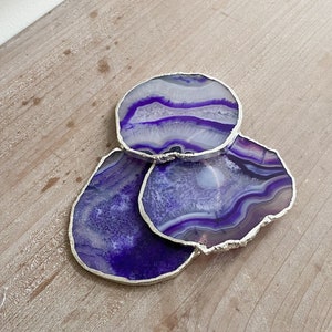Purple Agate Stone Crystal Coasters, Stone Coasters in the UK, Purple Coasters with Silver Edge, genuine natural geode drinks coaster