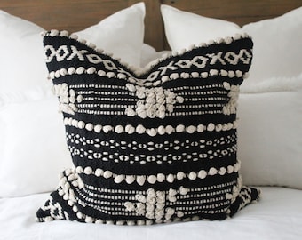 Black Geometric Handloom Cushion Cover: Scandi Throw Pillow (45x45cm)
