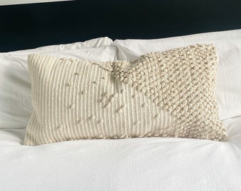 Ivory Bohemian lumbar Cushion Cover, Ivory Cotton Cushion, Handloom Cushion Pillow, Rectangle Style Cushion, Housewarming Gift