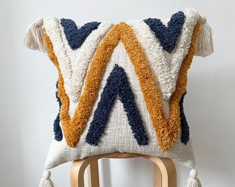 Tufted Tassel Cushion Cover, Mustard Cushion with Tassels, Blue Tufted Pillows, Handmade Cushions, Tufted Throw pillow