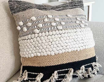 Black Bohemian Cushion Cover, Cotton Cushion with Tassels, Beige Tufted Cushion Pillow, Moroccan Style Cushion
