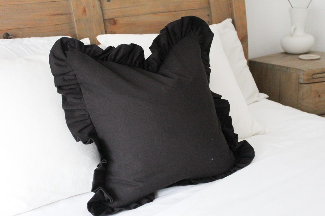 Black Ruffle Cotton Cushion With Duck Feather Insert 45x45cm, Black ...