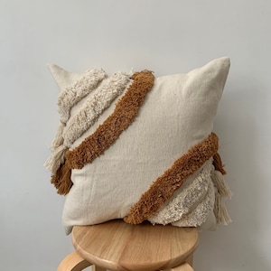 Orange Throw Tassel Cotton Cushion with duck feather insert, Orange Tufted pillow, Beige cushions, Boho Tassel Cushions, Orange cushions