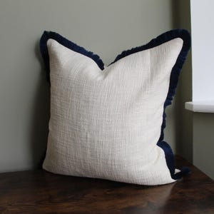 Blue fringe cotton cushion with duck feather insert 45x45cm, Dark blue and ivory cushions, Frayed ruffle fringe cushions, Grey cushions