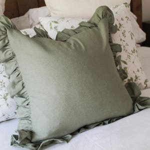 Green Ruffle Linen Cushion Cover: Sage Frill Pillow with Duck Feather Insert (45x45cm)
