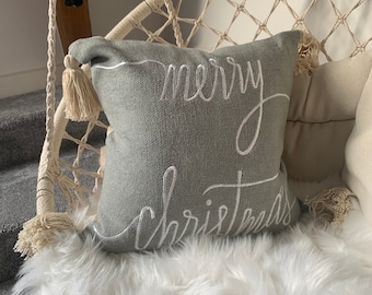 Grey Merry Christmas Cushion Cover, Grey Boho Christmas cotton pillow, Grey tassel Cushions in the UK, Christmas Gift