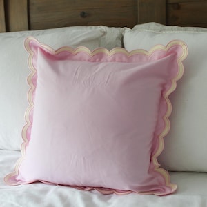light pink Scalloped Edge Cotton Cushion with feather insert: wavy edge pillow (45x45cm)