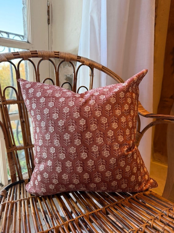 Blush floral print cushion with feather insert 45x45cm farmhouse decor