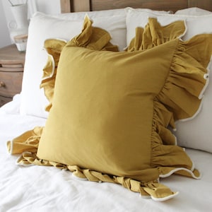 Mustard Ruffle Linen Cushion Cover with Duck Feather Pillow Insert 45x45cm