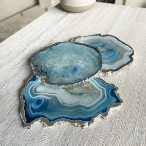 Blue Agate Stone Crystal Coasters, Stone Coasters in the UK, Light blue Coasters with Silver Edge, Marble Style Coasters, Blue Coasters