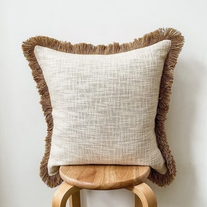Beige Boho Throw Cotton Cushion Cover, Beige fringed Woven cotton pillow, Handmade Cushion, Beige Tassel Cushions, Housewarming Gift