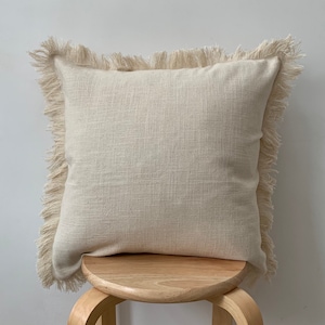 Beige Throw Cotton Cushion, Beige Boho Tassel Woven cotton pillow, Handmade Cushion, Beige Fringed Cushions, Housewarming Gift