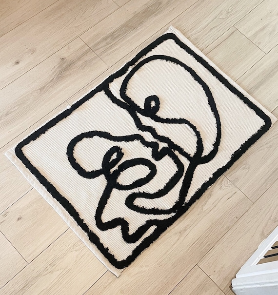 Petit tapis dessin abstrait de visage, Boho Matt, tapis beige et