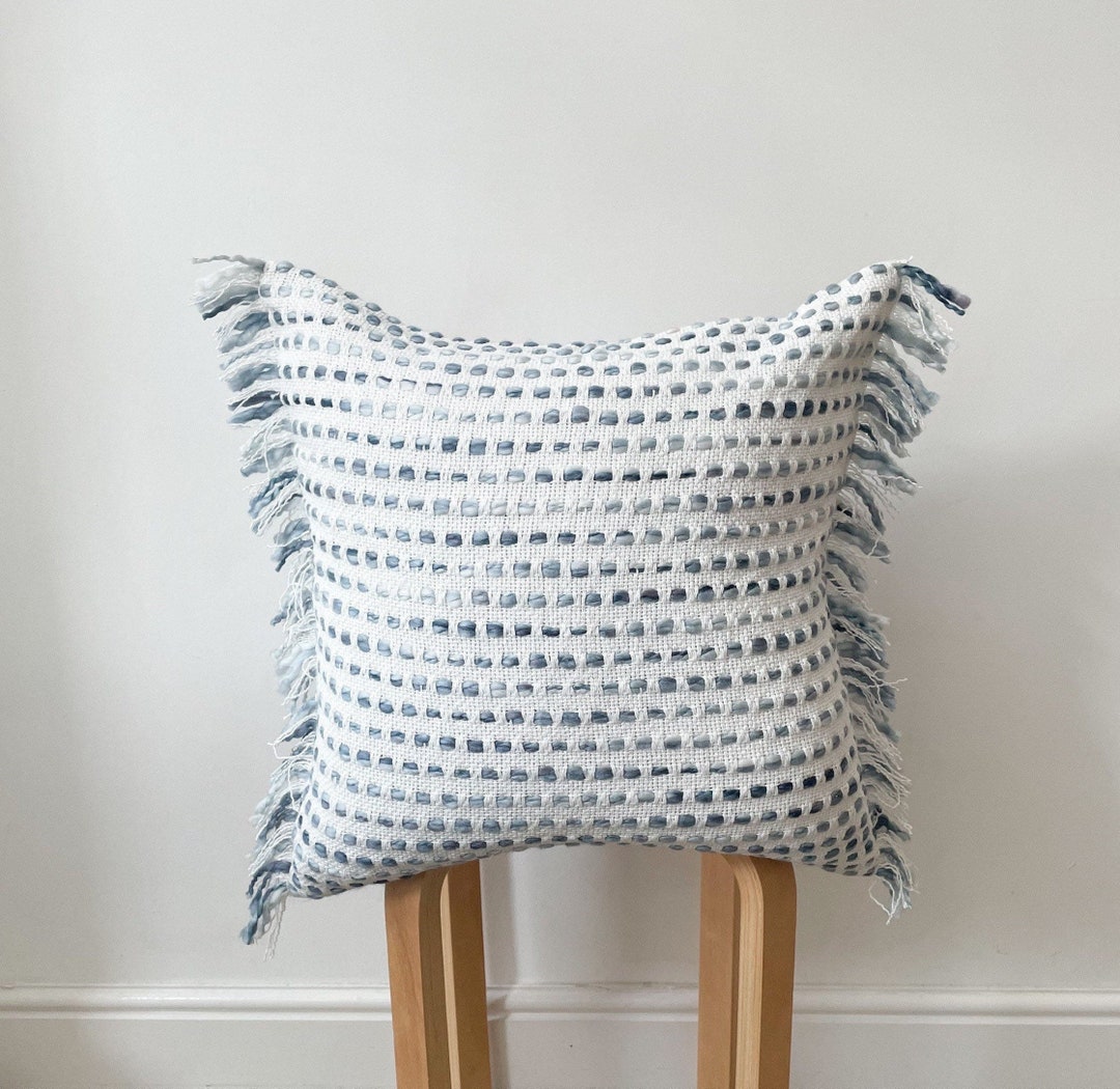 White Throw Cushion Cover With Blue Blue Cotton Pillow White Etsy