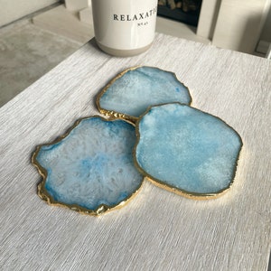 Blue Agate Stone Coasters with Gold Edge: crystal Coasters
