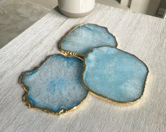 Blue Agate Stone Crystal Coasters, Stone Coasters in the UK, Light blue Coasters with Gold Edge, Marble Style Coasters