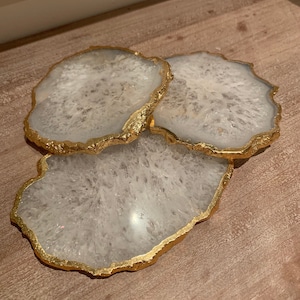 White Agate Stone Crystal Coasters, Stone Coasters in the UK, White Coasters with Gold Edge, Marble Style Coasters