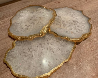 White Agate Stone Crystal Coasters, Stone Coasters in the UK, White Coasters with Gold Edge, Marble Style Coasters