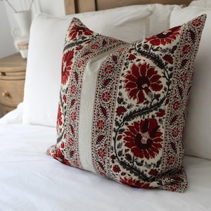 Red Floral Cotton Cushion: Indian Patterned Throw Pillow with Duck Feather Insert