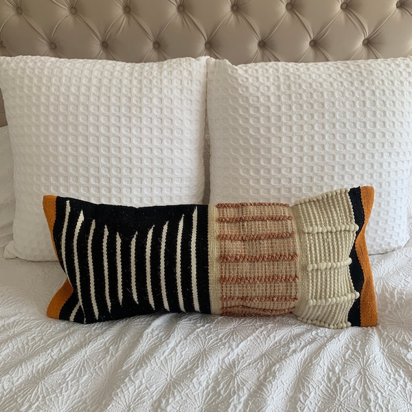 Black Bohemian lumbar Cushion Cover, Black and Orange Cotton Cushion, Beige Tufted Cushion Pillow, Moroccan Style Cushion, Housewarming Gift