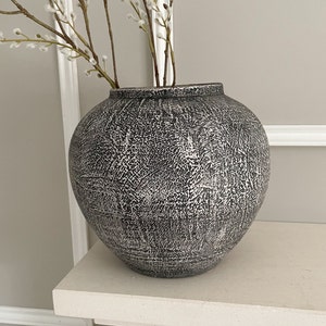Round Distressed rustic vase,  Charcoal textured Vase, Large round vase, Farmhouse Decor, Large Neutral vase