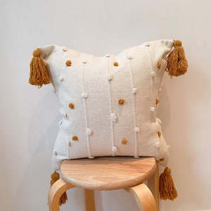 Orange Cushion with duck feather insert 45x45cm, Beige Throw Pillow, Beige Embroidered Cushion, Orange Tassel Boho Woven Cotton cushion
