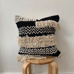 Black Tufted Throw Cushion with duck feather insert 45x45cm, Black and White Cushions, cotton Pillow Cover, Geometric home decor