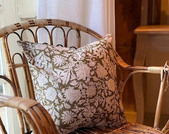 Floral Print Cushion, Green Cotton Pillow with Feather Insert
