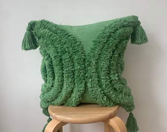 Green Throw Cushion Cover in the UK, Cotton Cushion with Tassels, Green Tufted Pillows, Handmade Cushions Throw, Housewarming Gift
