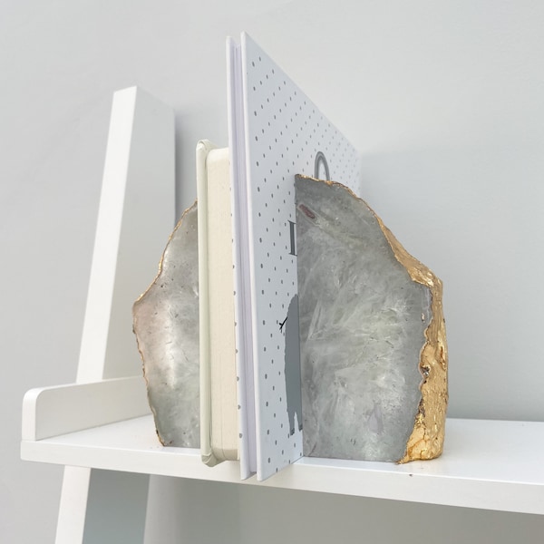 Agate Stone Bookends or Agate Stone Ornament, White with Gold Agate Stone Bookends, Crystal Bookends in the UK, Agate Stone Slice