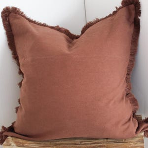Brown Cotton Fringe Cushion: Terracotta Linen Pillow with feather insert (45x45cm)