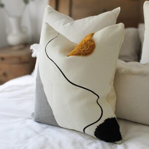 Tufted Throw boho Pillow Cover, Cream Yellow Blue Cotton Cushion 18x18