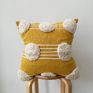 Yellow Boho Throw Cotton Cushion Cover, Beige and Yellow tufted Woven cotton pillow, polka dot Cushions, Housewarming, Yellow Cushion Cover