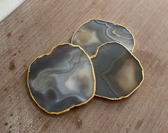 Grey Agate Stone Crystal Coasters, Stone Coasters in the UK, Grey Coasters with Gold Edge, Marble Style Coasters