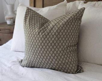 Floral printed green cushion with duck feather insert 45x45cm, Sage cotton leaf print throw pillow cover, green country linen cushions