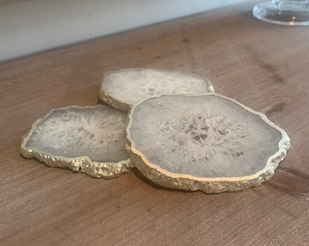 White Agate Stone Crystal Coasters, Stone Coasters in the UK, White Coasters with Silver Edge, Marble Style Coasters