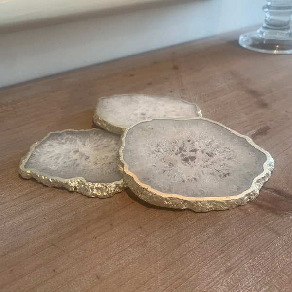 White Agate Stone Crystal Coasters, Stone Coasters in the UK, White Coasters with Silver Edge, Marble Style Coasters