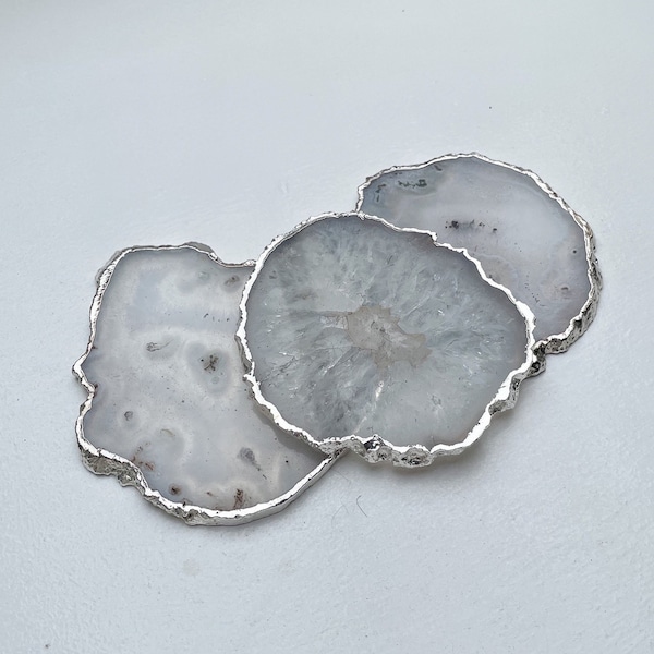 White Agate Stone Crystal Coasters,ALMOST PERFECT Stone Coasters in the UK, White Coasters with Silver Edge, Marble Style Coasters