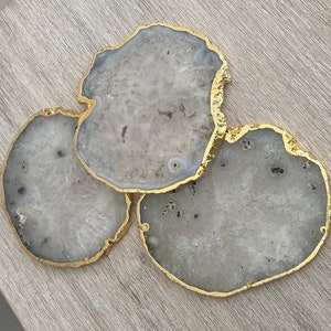 White Agate Stone Crystal Coasters,ALMOST PERFECT Stone Coasters in the UK, White Coasters with Gold Edge, Marble Style Coasters