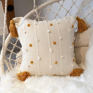 Beige Tufted Cotton Boho Cushion | Orange Tassel Throw Pillow (45x45cm)