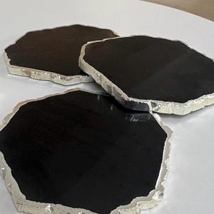 Black Agate Stone Crystal Coasters, Stone Coasters in the UK, Black Coasters with silver Edge, Marble Style Coasters