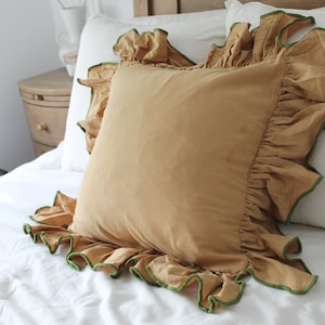 Ruffle Linen Cushion Cover: Brown and Green Frill Pillow with Feather Insert 45x45cm